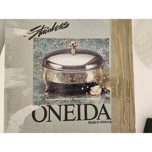 Vintage Oneida Stainless Steel Gold Damask Rose Covered Baker with glass liner